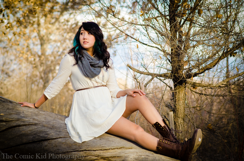 Kenya Chan on a log in the Albuquerque Bosque